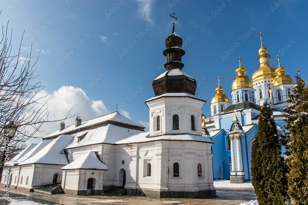 White church inside the St. Michael's Monastery in Kiev, Ukraine (Europe) in Winter