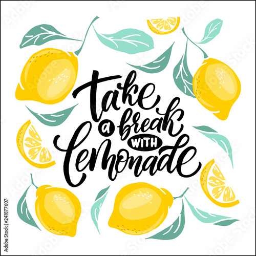 Lemonade lettering with lemon label. Brush calligraphy of word lemonade.