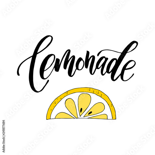 Lemonade lettering with lemon label. Brush calligraphy of word lemonade.