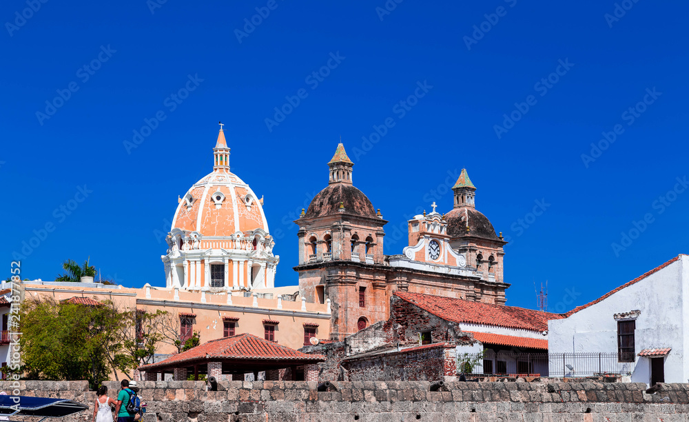 Historic center of Cartagena de indias. Iglesia San Pedro Claver. View from the old harbor. Colombia.