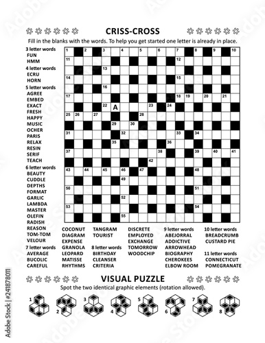 Puzzle page with two puzzles: 19x19 criss-cross (kriss-kross, fill in the blanks) crossword word game (English language) and abstract visual puzzle. Black and white, A4 or Letter sized.
