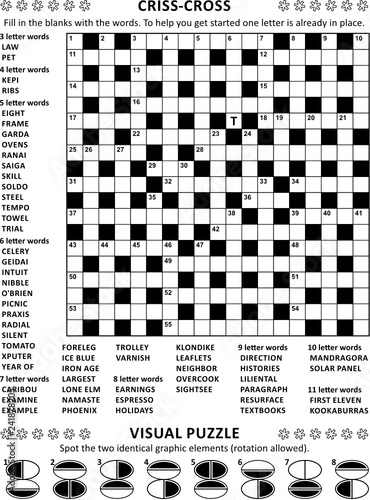 Puzzle page with two puzzles: 19x19 criss-cross (kriss-kross, fill in the blanks) crossword word game (English language) and abstract visual puzzle. Black and white, A4 or Letter sized.
