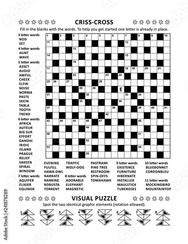 Puzzle page with two puzzles: 19x19 criss-cross (kriss-kross, fill in the blanks) crossword word game (English language) and abstract visual puzzle. Black and white, A4 or Letter sized.
