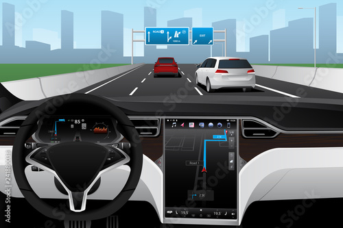Self driving car on a road. Autonomous vehicle. Inside view. Vector illustration EPS 10