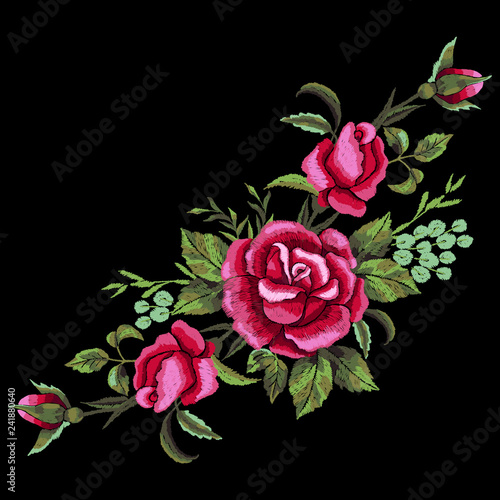 Red roses embroidery on black background. T-shirt design, element for greeting cards. Trend floral design. Satin stitch imitation, vector.