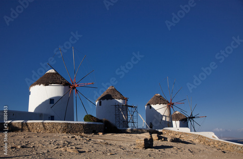 famous view Traditional windmills on the island Mykonos, Greece