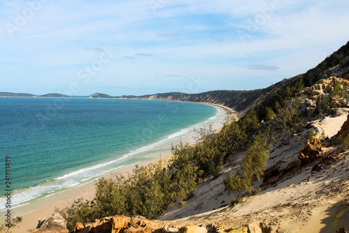 View onto Rainbow Beach from Carlo Sand Blow near Fraser Island on a sunny summer day (Great Sandy National Park, Queensland, Australia)