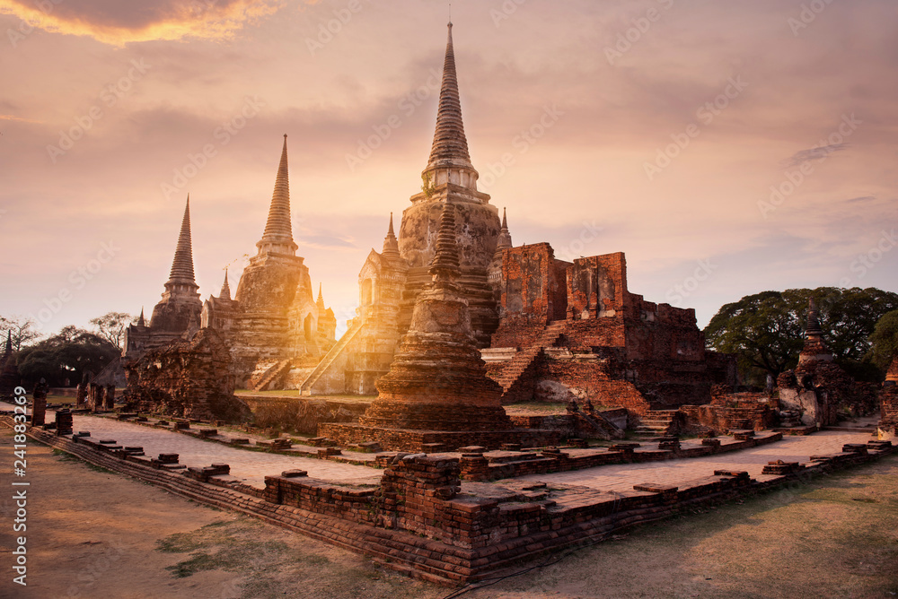 Ayutthaya Historical Park heritage landmark temple in Ayutthaya, Thailand while sunset.