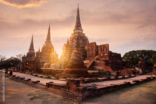 Ayutthaya Historical Park heritage landmark temple in Ayutthaya, Thailand while sunset.