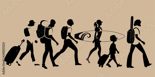 Silhouettes of tourists walking carrying suitcases, backpacks and surfboards.