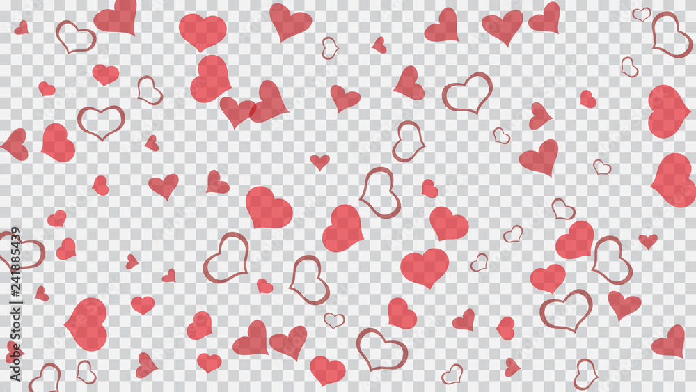 Red hearts of confetti are falling. Red on Transparent fond Vector. Festive background. Design element for wallpaper, textiles, packaging, printing, holiday invitation for Valentine's Day. Red hearts of confetti are falling. Red on Transparent fond Vector. Festive background. Design element for wallpaper, textiles, packaging, printing, holiday invitation for Valentine's Day.