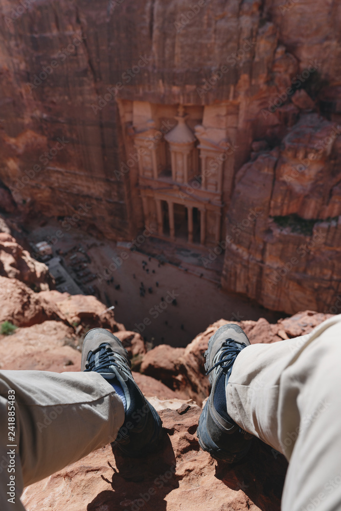 a man travelling at Petra, Jordan. Tourist attraction and travel destination in Jordan, Middle east