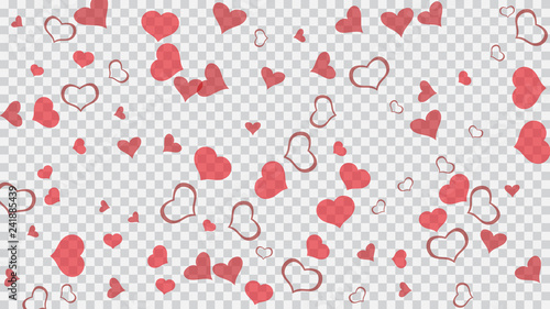 Red hearts of confetti are falling. Red on Transparent fond Vector. Festive background. Design element for wallpaper, textiles, packaging, printing, holiday invitation for Valentine's Day.