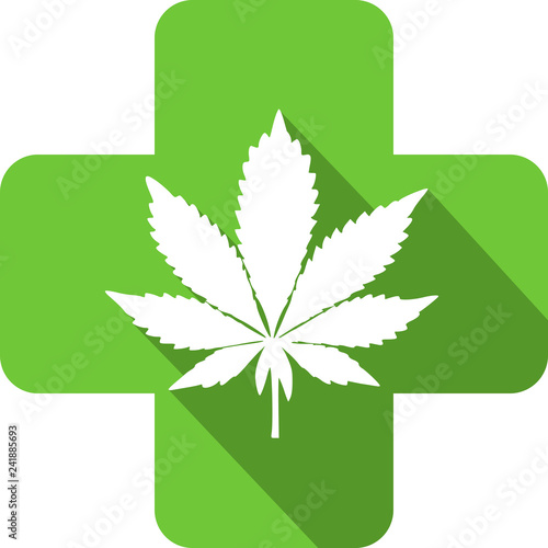 Colored icon of a cannabis leaf in a pharmacy cross