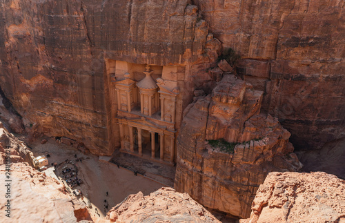 Treasury ancient architecture in canyon, Petra in Jordan. 7 wonders travel destination in Jordan
