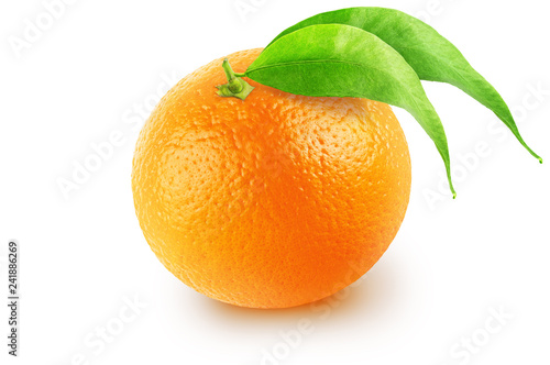 Isolated orange fruit. Whole orange with leaves isolated on white background with clipping path