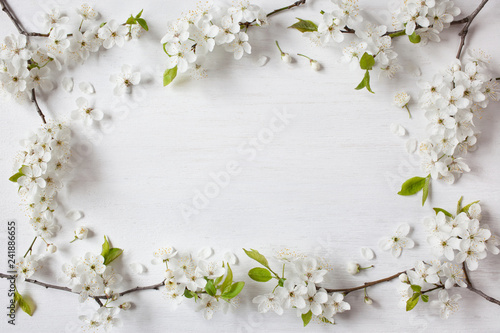 Background with flowering spring branches of plums, cherries