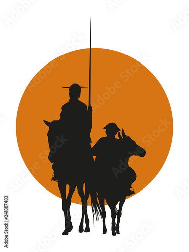 Vector Ilustration silhouette of Don Quixote de la Mancha, of Cervantes spanish novelist, with windmills and sunset photo
