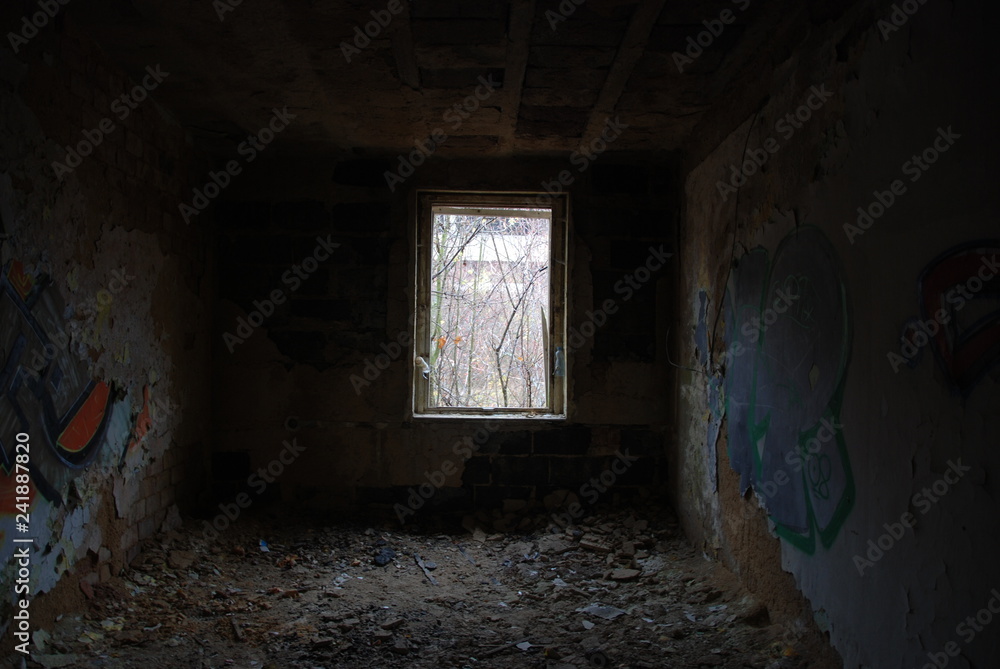 Abandoned dirty room with broken window, urbex Abandoned dirty room with broken window, urbex