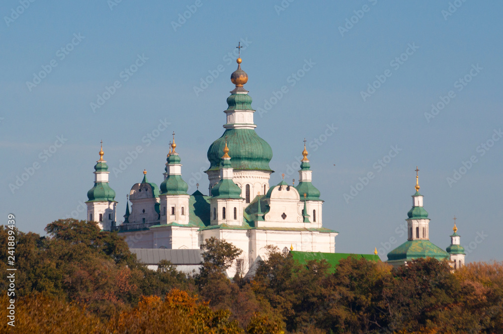 Beautiful autumn landscape nature and church. Ukraine, Chernihiv city, Trinity Cathedral