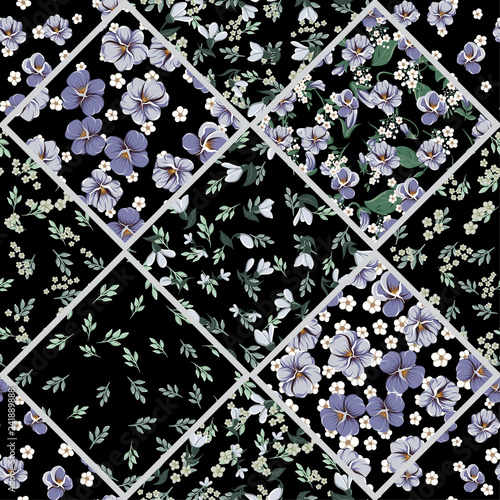 Seamless colorful pattern with leaves and bellflowers, violet leaves, violaceous flowers and small white simple flowers on a black background in patchwork style, textile print