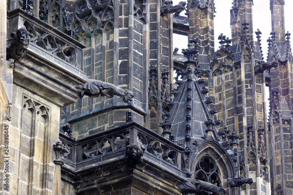 Close view of the gargoyles on the  outer walls of St. Vitus Cathedral at Prague, Czech Republic