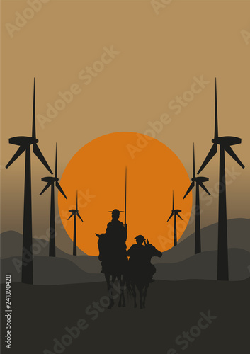 Vector Ilustration silhouette of Don Quixote de la Mancha, of Cervantes spanish novelist, with windmills and sunset