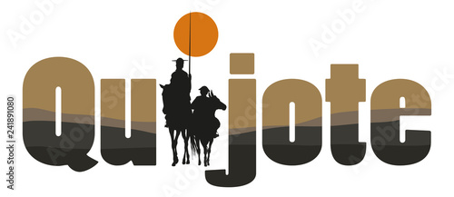 The word Spain with the draw of Don Quixote de la Mancha silhouette, of Cervantes spanish novelist