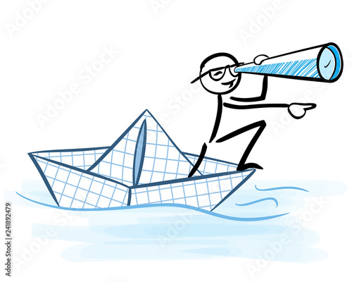 Businessman looking through telescope on a paper boat  - Business vision concept -  stick figure
