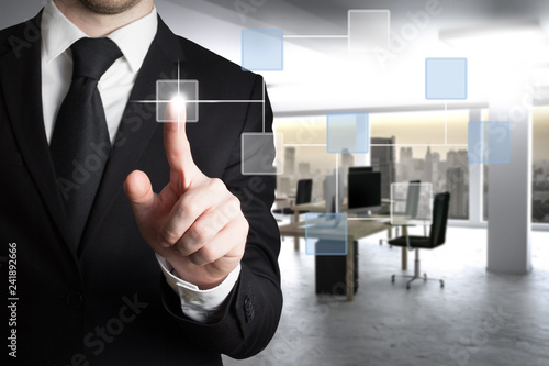 businessman pushing virtual touchscreen button with modern clean office background network 3D Illustration