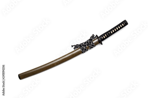 Black cord tie on grip Japanese sword and textured scabbard with steel fitting isolated in white background. 