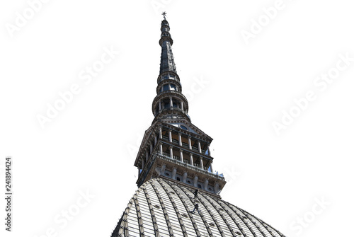 The mole antonelliana in Turin, Italy, on a white background