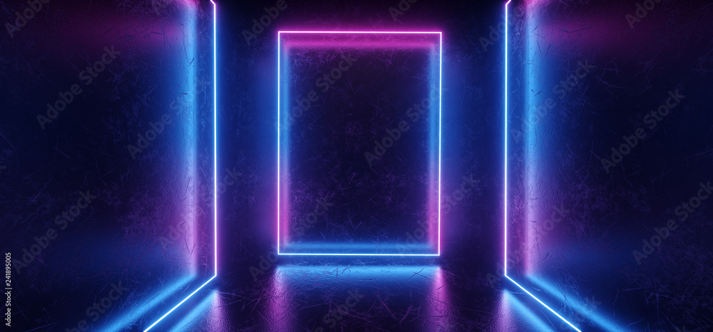 Obraz premium Modern Elegant Sci FI Futuristic Dark Scratched Metal Concrete Grunge Room With Reflections Realistic Texture Neon Glowing Rectangle Frame Shape Purple Blue 3D Rendering