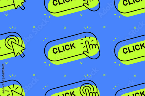 Seamless pattern with Click here button with hand icon and Click here button with Cursor icon. Isolated on blue background