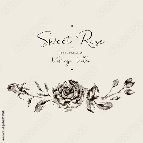 Vector vintage roses black and white floral greeting card, flowers