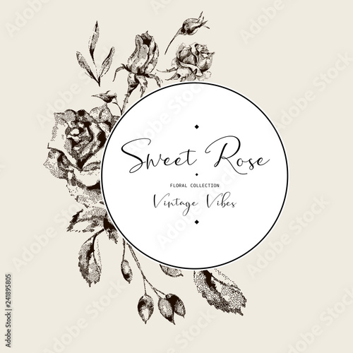 Vector vintage roses black and white floral greeting card, flowers