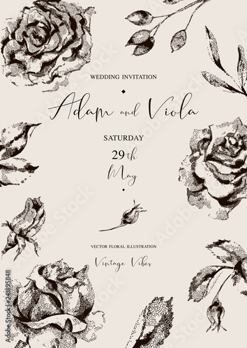 Vector natural vertical frame, greeting card, vintage floral bouquet with vintage roses