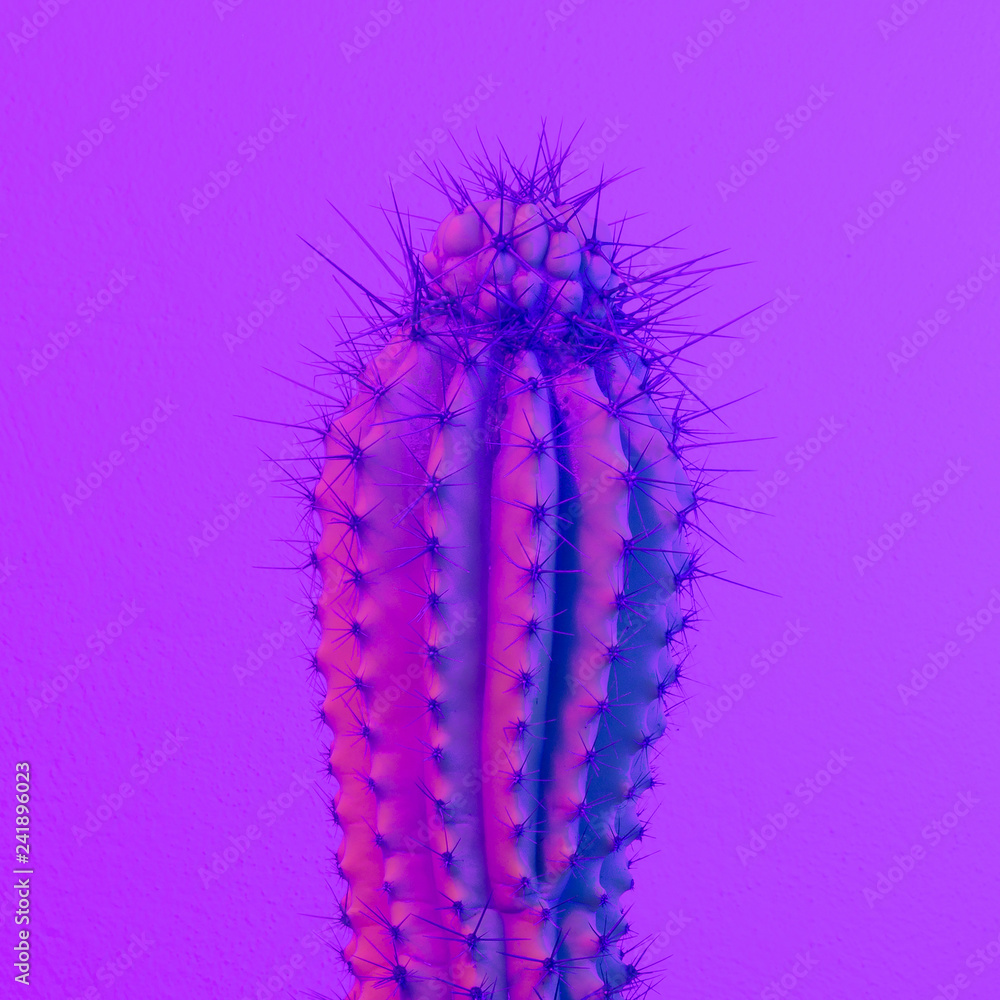 Naklejka premium Neon purple cactus. Cactus minimal art. Cactus fashion concept