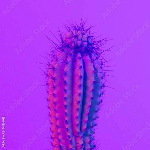 Neon purple cactus. Cactus minimal art. Cactus fashion concept