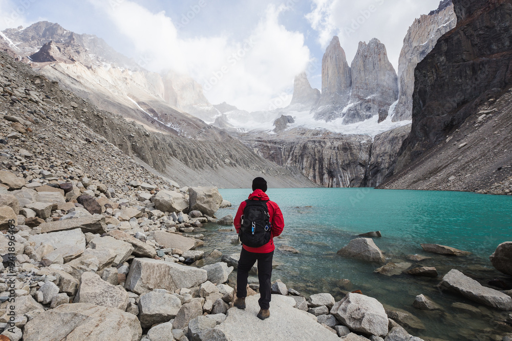 Fototapeta premium Trekking the Patagonian mountain range in Torres del Paine National Park Chile