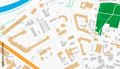 City Map Abstract Design for Mobile App Illustration. Urban Navigation Plan with Road, River, Park. Travel Geography Location. ofr computer, Internet. Modern Europe Cartography. GPS Information.