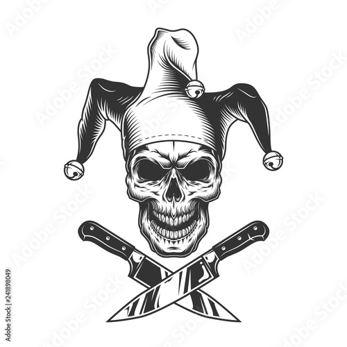 Vintage monochrome evil jester skull