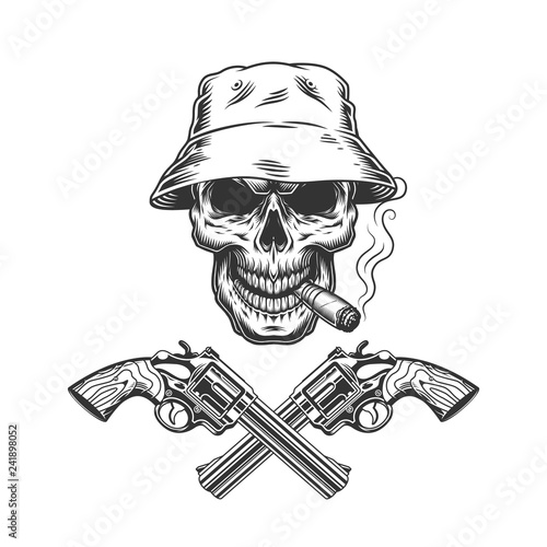 Skull smoking cigar in panama hat