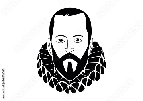 Vector Ilustration Cervantes,  writer of Don Quixote de la Mancha, spanish novel, with windmills and sunset,  on white background
