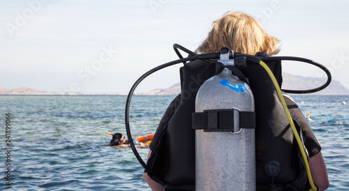 Woman in diving suit with aqualung ready to dive into sea, rear view.