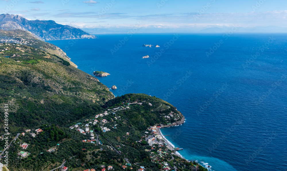 Amalfi Coast landscape, with Nerano village and bottom Li Galli Islands, Italy