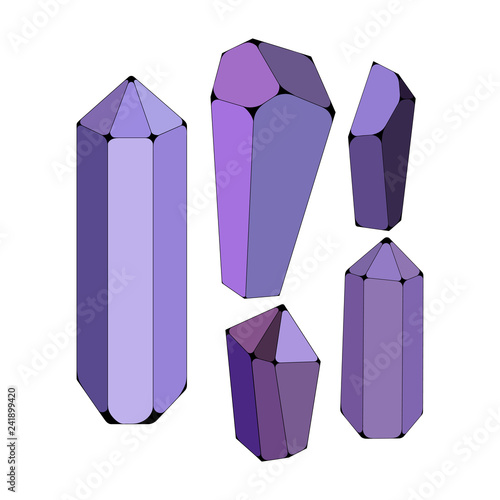 Amethyst Illustration - Set of 5 amethyst crystals isolated on white background
