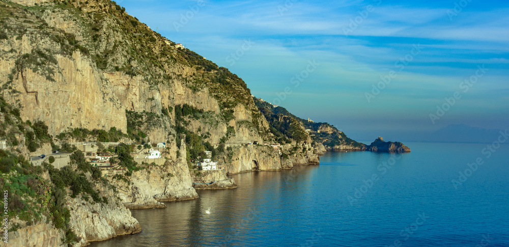 Typical houses overlooking the sea, from Amalfi Coast, Italy