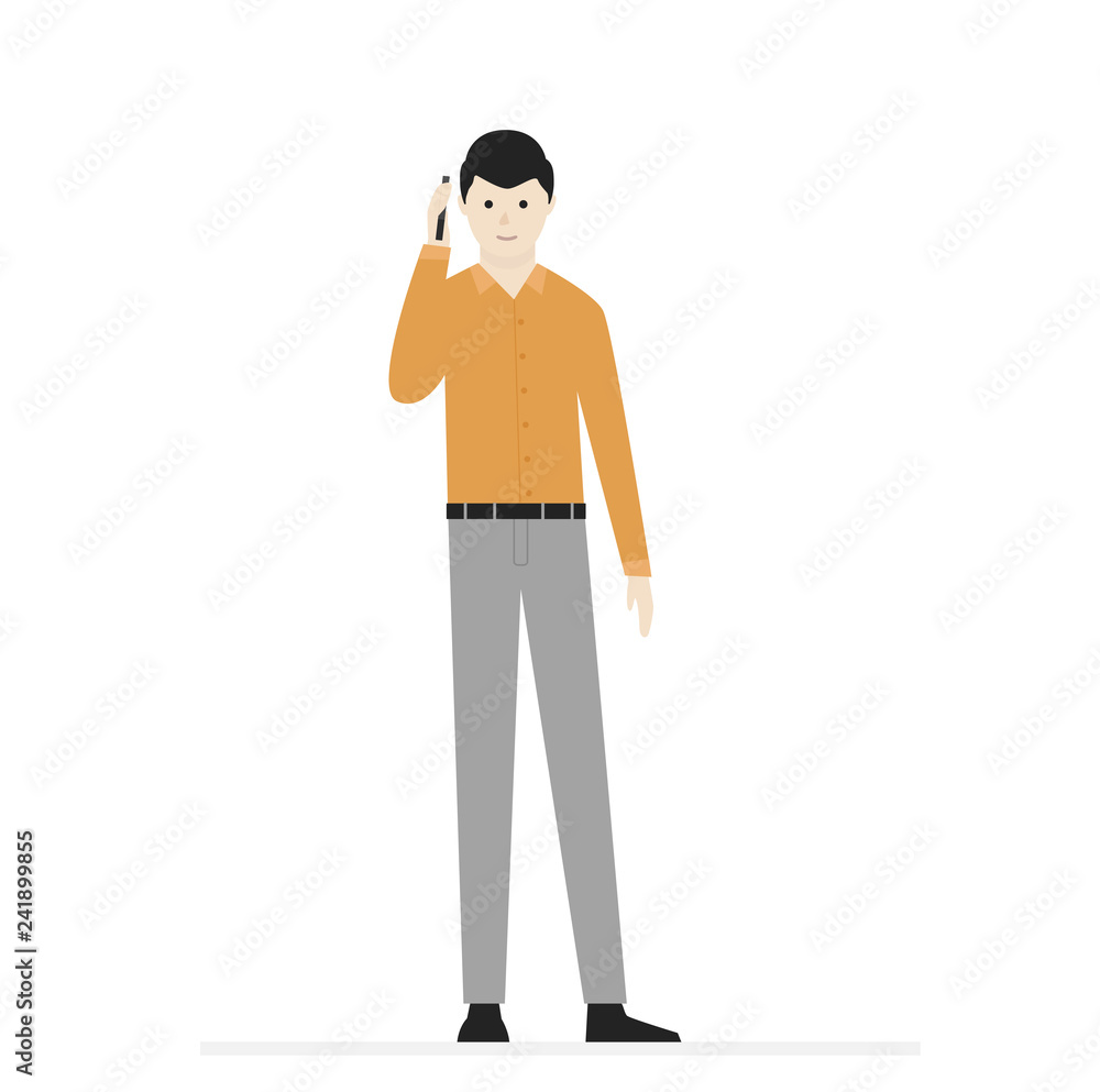 Cartoon male character. Smiling man in t-shirt, pants and shoes. For template, banner and advertising. Simple design. Flat style vector illustration. Cartoon male character. Smiling man in t-shirt, pants and shoes. For template, banner and advertising. Simple design. Flat style vector illustration.