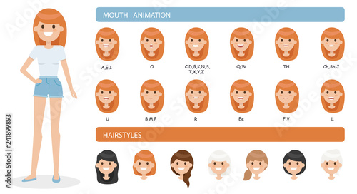 Cute cartoon girl character set isolated on a white background. Collection of emotions and hairstyles. Mouth animation. Simple design. Flat style vector illustration.